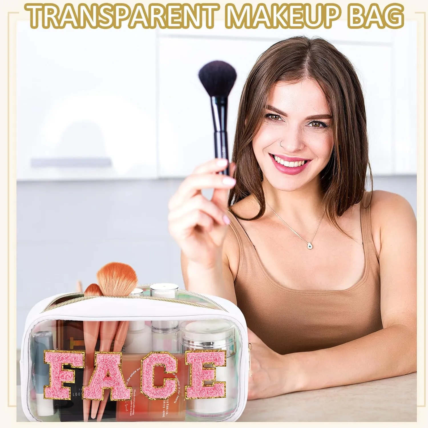 4 Pieces Chenille Letter Cosmetic Bag Set Nylon PVC Clear Waterproof Makeup Pouch Stuff Hair Travel Bag Zipper Multi Purpose Aesthetics Toiletry Organizer for Women Gym Travel Beach (Classic Colors)