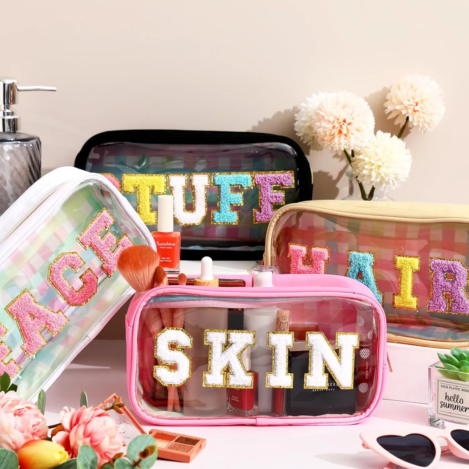 4 Pieces Chenille Letter Cosmetic Bag Set Nylon PVC Clear Waterproof Makeup Pouch Stuff Hair Travel Bag Zipper Multi Purpose Aesthetics Toiletry Organizer for Women Gym Travel Beach (Classic Colors)