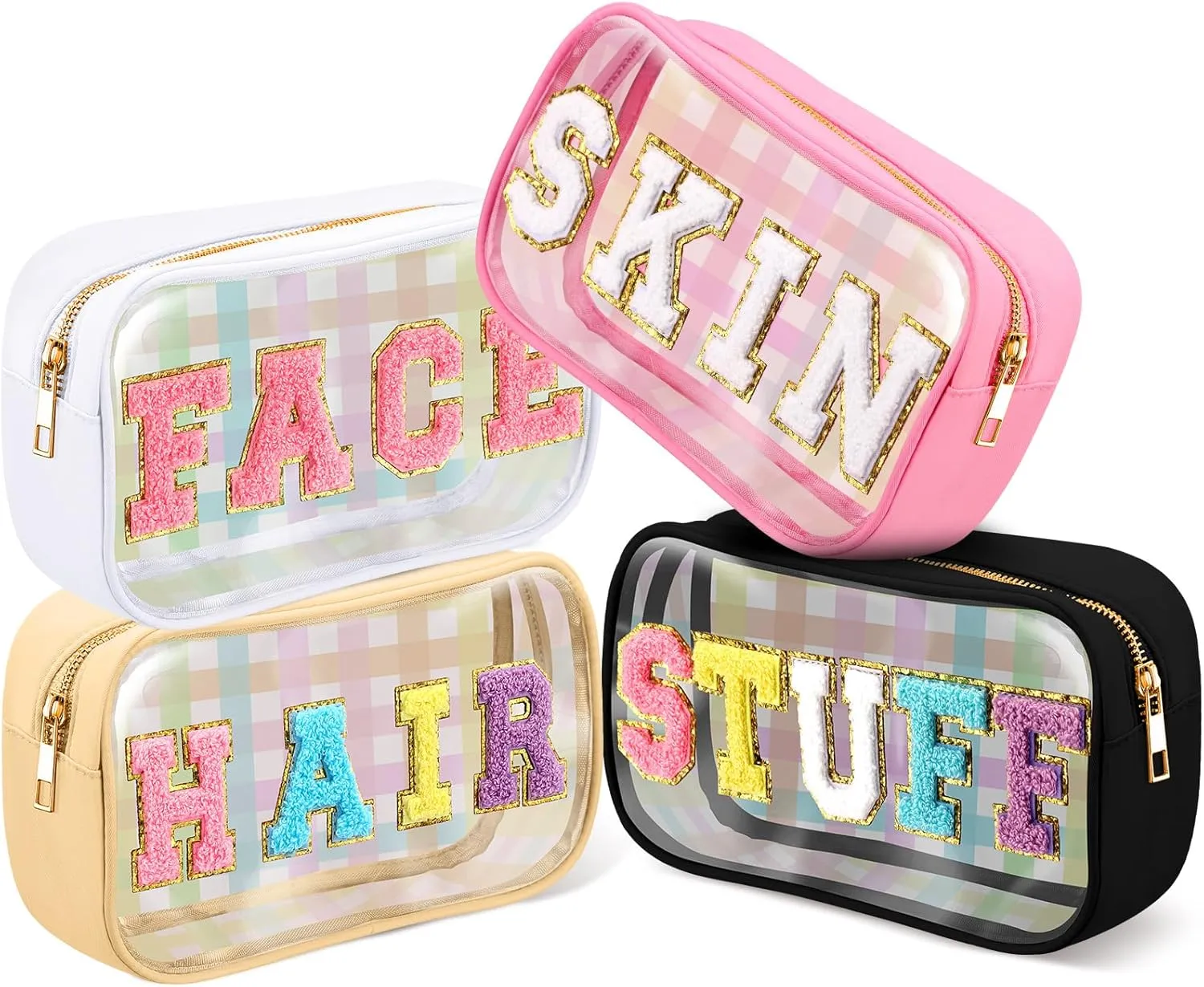 4 Pieces Chenille Letter Cosmetic Bag Set Nylon PVC Clear Waterproof Makeup Pouch Stuff Hair Travel Bag Zipper Multi Purpose Aesthetics Toiletry Organizer for Women Gym Travel Beach (Classic Colors)
