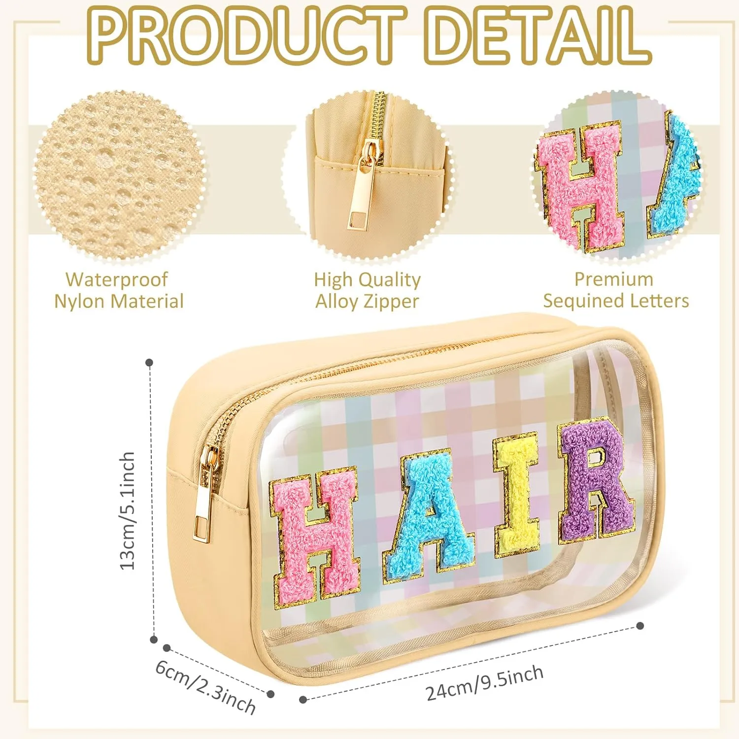 4 Pieces Chenille Letter Cosmetic Bag Set Nylon PVC Clear Waterproof Makeup Pouch Stuff Hair Travel Bag Zipper Multi Purpose Aesthetics Toiletry Organizer for Women Gym Travel Beach (Classic Colors)