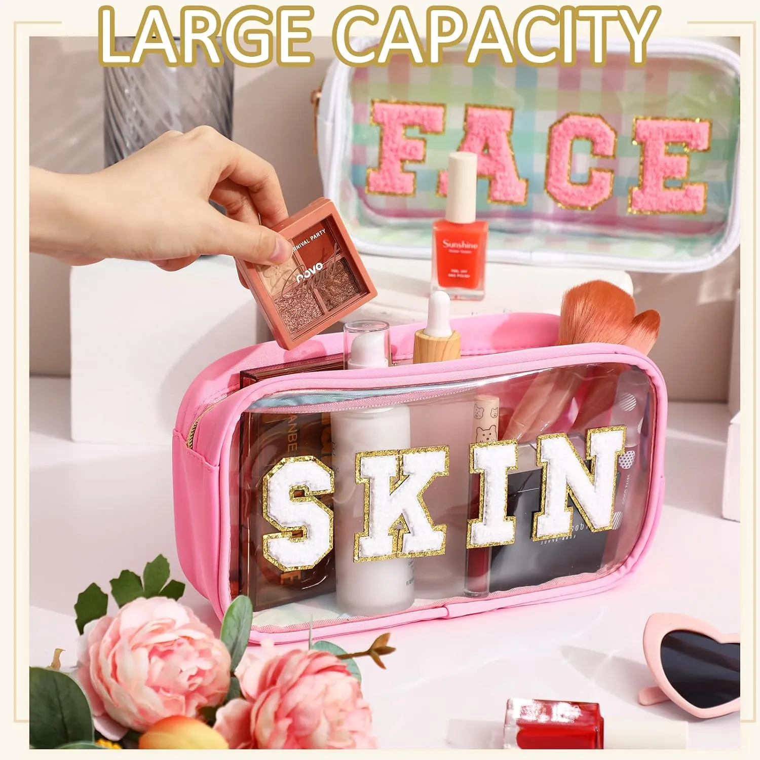 4 Pieces Chenille Letter Cosmetic Bag Set Nylon PVC Clear Waterproof Makeup Pouch Stuff Hair Travel Bag Zipper Multi Purpose Aesthetics Toiletry Organizer for Women Gym Travel Beach (Classic Colors)