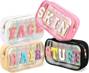 4 Pieces Chenille Letter Cosmetic Bag Set Nylon PVC Clear Waterproof Makeup Pouch Stuff Hair Travel Bag Zipper Multi Purpose Aesthetics Toiletry Organizer for Women Gym Travel Beach (Classic Colors)