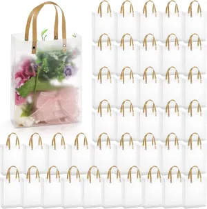 40 Pieces Clear Gift Bags with Handles, White Frosted PVC Candy Bags for Mother's Day, Reusable Translucent Wrap Tote Boutique Bags for Wedding Shopping Party 8''x3''x10'', Tear Resistant