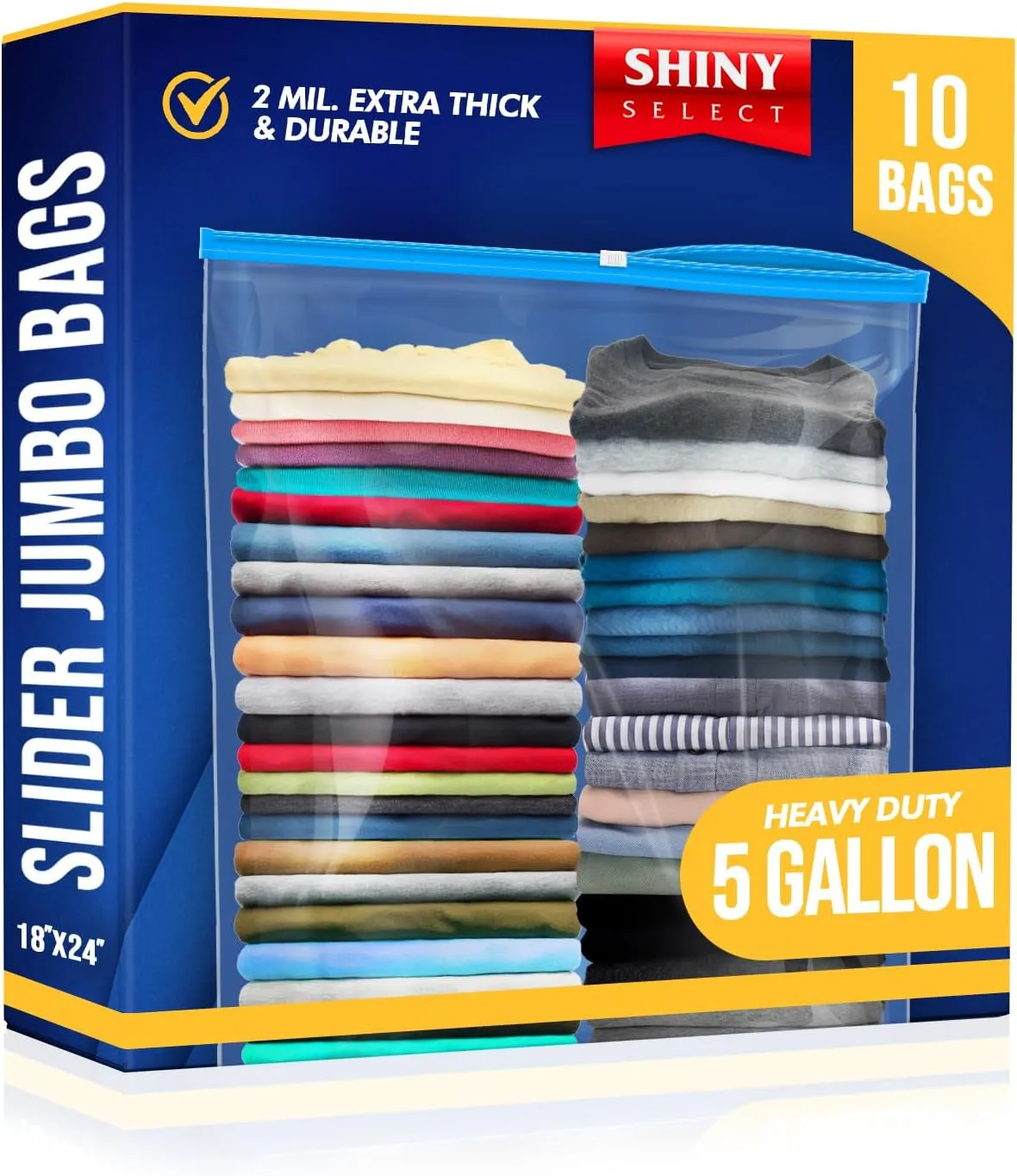 5 Gallon Jumbo Slider Storage Bag, 18x24, 10 Bags – Resealable Extra Large Clear Plastic, 2 Mil Thick - Home Organization, Luggage, Travel, Kitchen Use, Baby Essentials, Seasonal Clothes