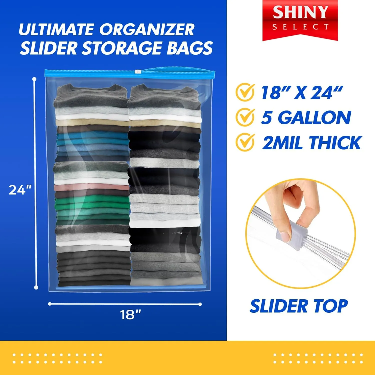 5 Gallon Jumbo Slider Storage Bag, 18x24, 10 Bags – Resealable Extra Large Clear Plastic, 2 Mil Thick - Home Organization, Luggage, Travel, Kitchen Use, Baby Essentials, Seasonal Clothes