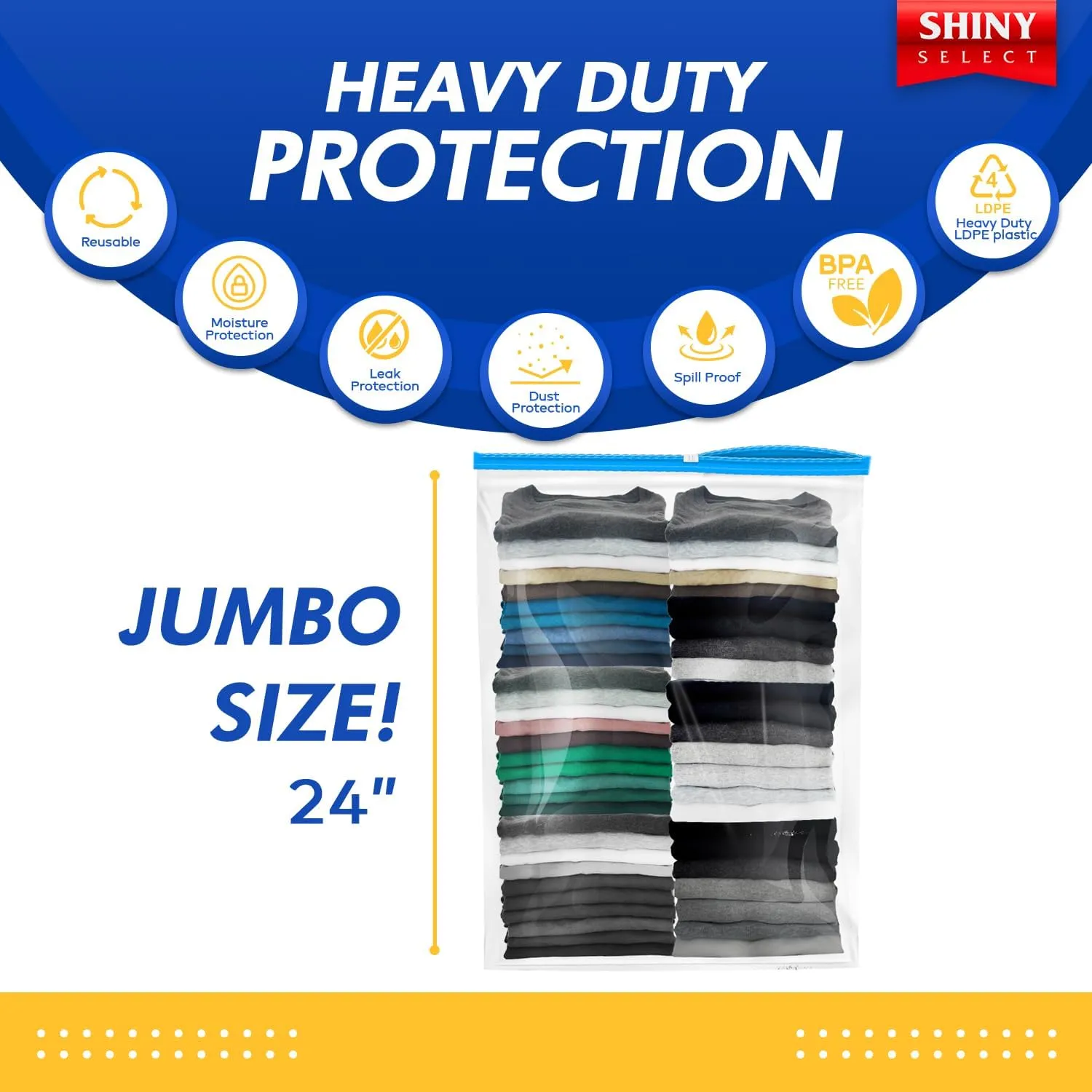 5 Gallon Jumbo Slider Storage Bag, 18x24, 10 Bags – Resealable Extra Large Clear Plastic, 2 Mil Thick - Home Organization, Luggage, Travel, Kitchen Use, Baby Essentials, Seasonal Clothes