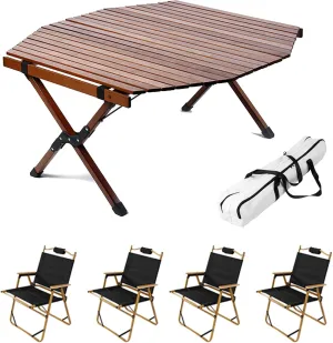 5 Pcs Folding Camping Table & Chairs Set, Portable Lightweight Picnic Chairs with Carrying Bag and Beech Roll-up Top Picnic Table, Walnut Color