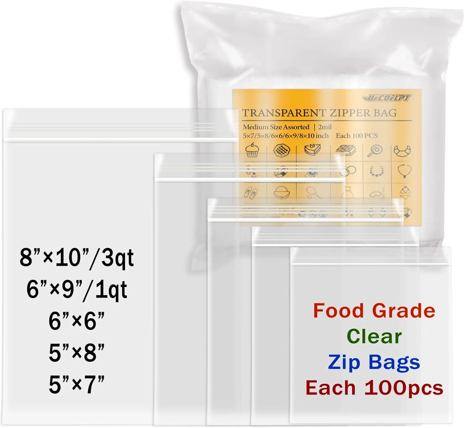 5 Various Medium Size Zip Bags Bulk, each 100x, 2mil Thick Food Grade Reclosable Baggies for Storage