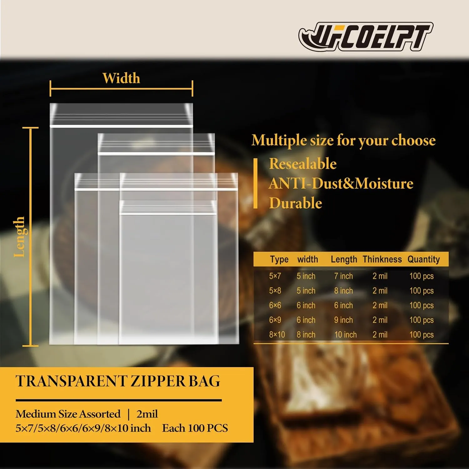 5 Various Medium Size Zip Bags Bulk, each 100x, 2mil Thick Food Grade Reclosable Baggies for Storage
