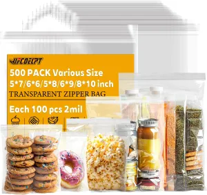 5 Various Medium Size Zip Bags Bulk, each 100x, 2mil Thick Food Grade Reclosable Baggies for Storage