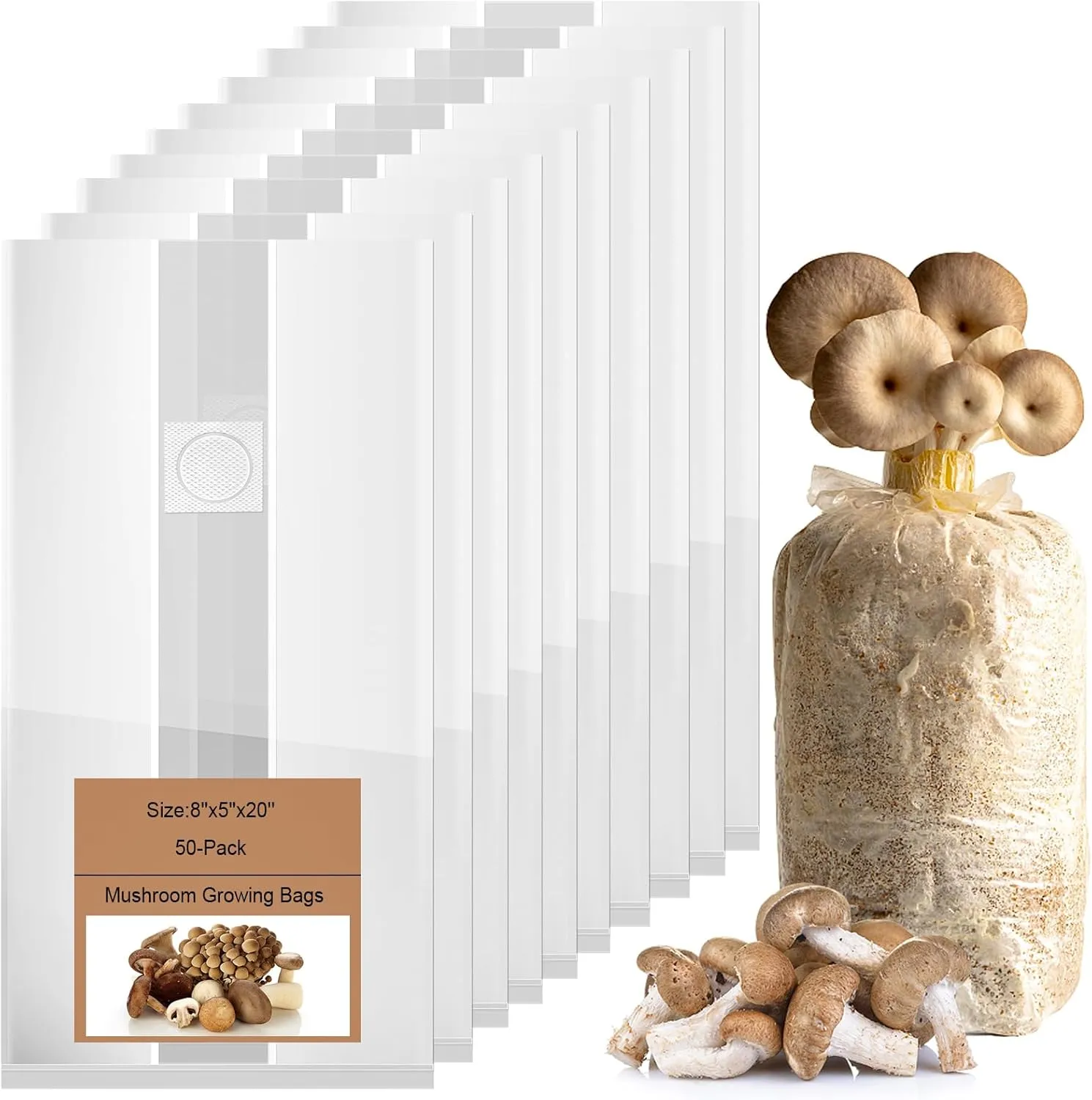 50 Pcs Extra Thick 8" X 5" X 20" Mushroom Growing Bags with 0.2 Micron Filter, Large, Autoclavable, Tear-Resistant Clear Bags for Efficient Cultivation Indoor