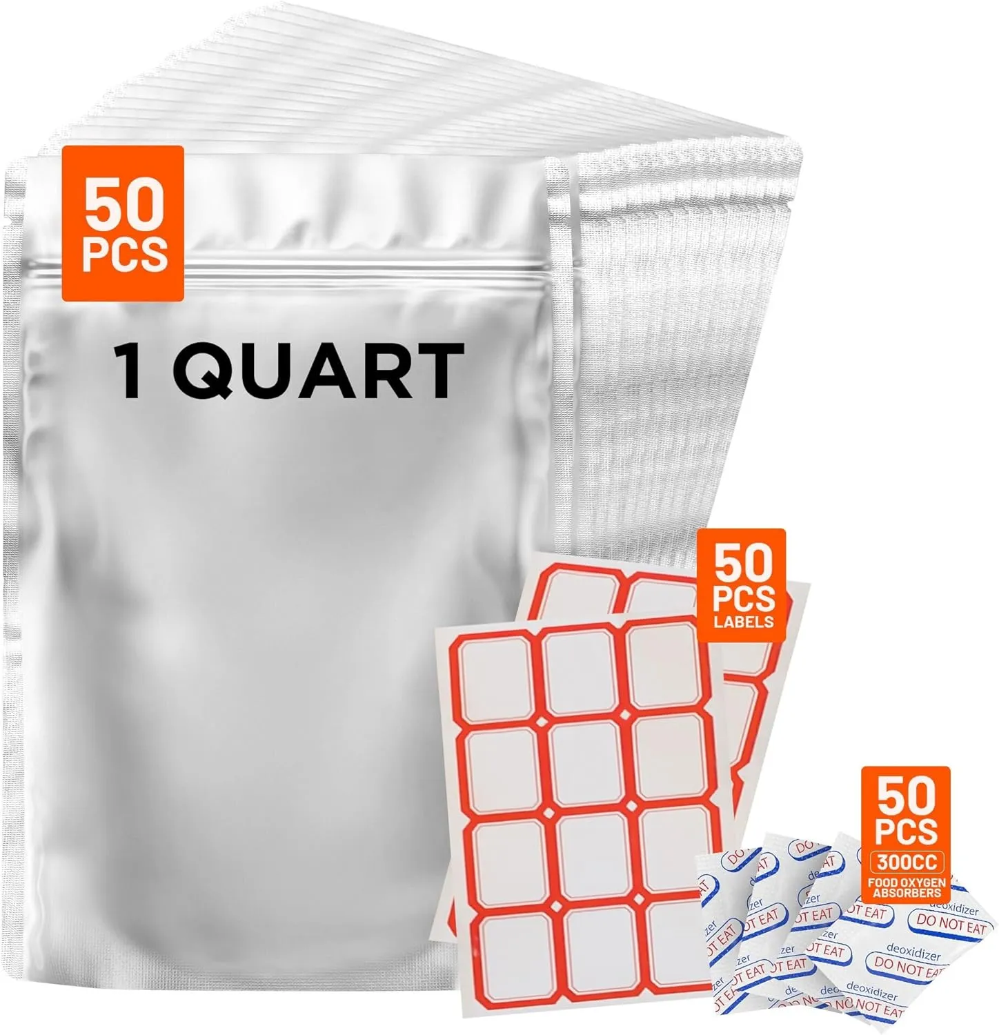50pc- 1 Quart Mylar Bags for Long Term Food Storage- 10 Mil Thick, 300 cc Oxygen Absorbers & Labels Included-Reusable/Resealable/Stand-up Bags for Freezer Storage, Pantry Organization & Bulk Storage
