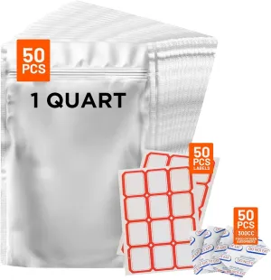 50pc- 1 Quart Mylar Bags for Long Term Food Storage- 10 Mil Thick, 300 cc Oxygen Absorbers & Labels Included-Reusable/Resealable/Stand-up Bags for Freezer Storage, Pantry Organization & Bulk Storage