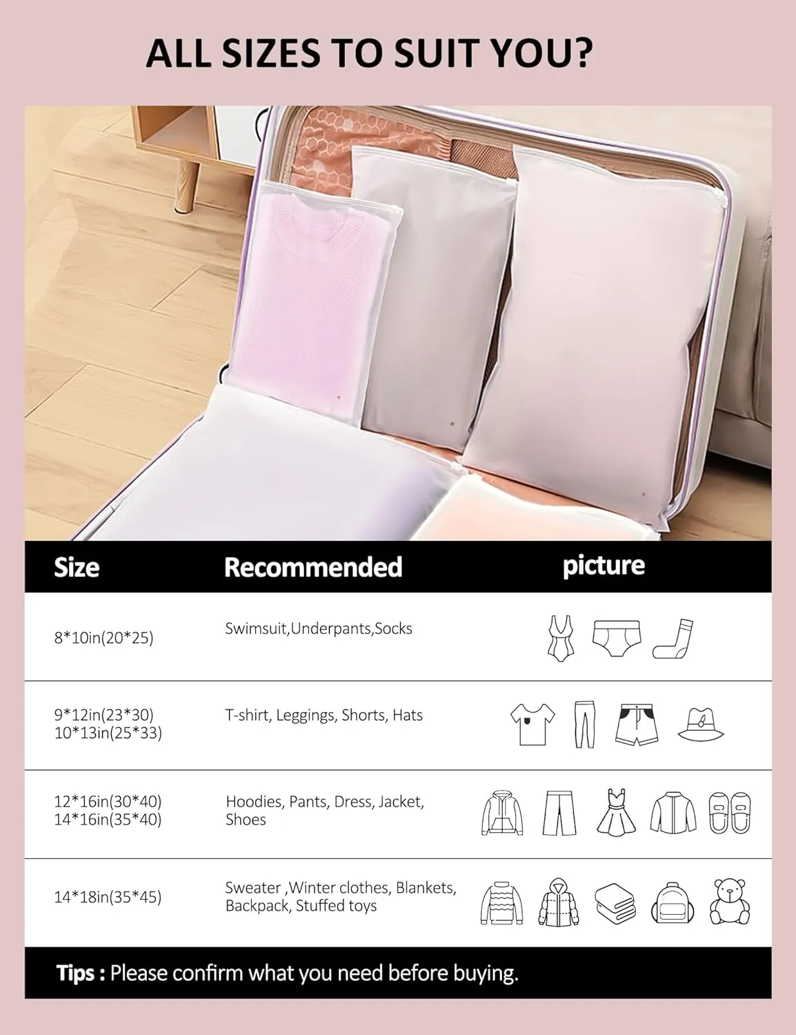 50Pcs Shirt Bags, 14" x 16" Frosted Zipper Plastic Bags for Clothes, Resealable Shirt Shipping Packaging Bag, 3 Mil