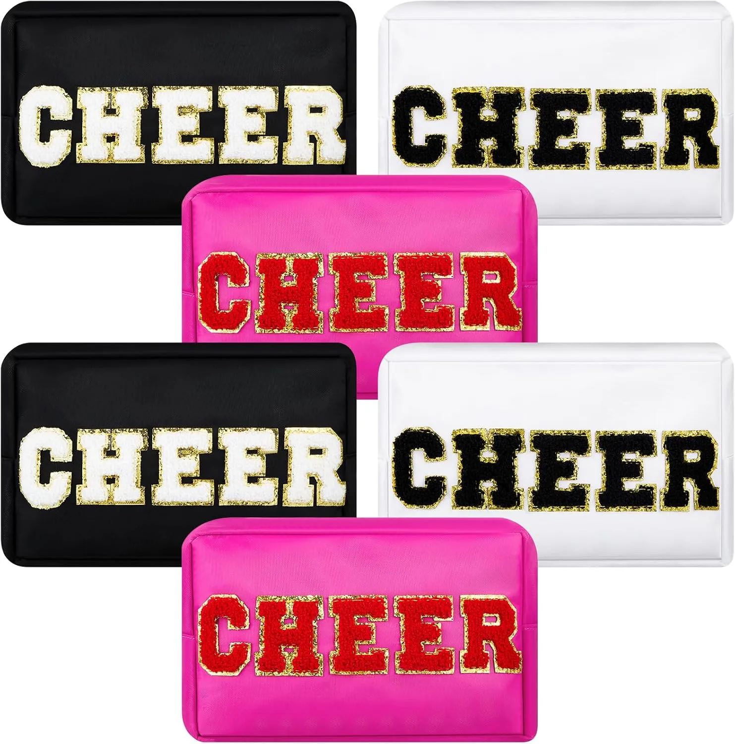 6 Pcs Cosmetic Cheer Bag with Chenille Letter Patches Nylon Makeup Gift Dance Cheerleader Bag Toiletry Zipper Pouch for Travel Women Girl Storage(Bright Colors,Cheer)