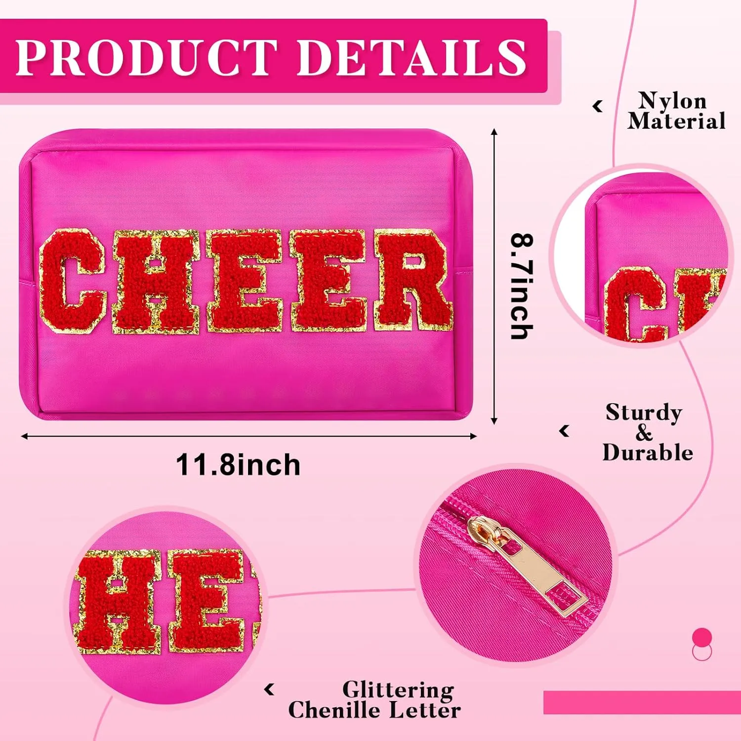 6 Pcs Cosmetic Cheer Bag with Chenille Letter Patches Nylon Makeup Gift Dance Cheerleader Bag Toiletry Zipper Pouch for Travel Women Girl Storage(Bright Colors,Cheer)