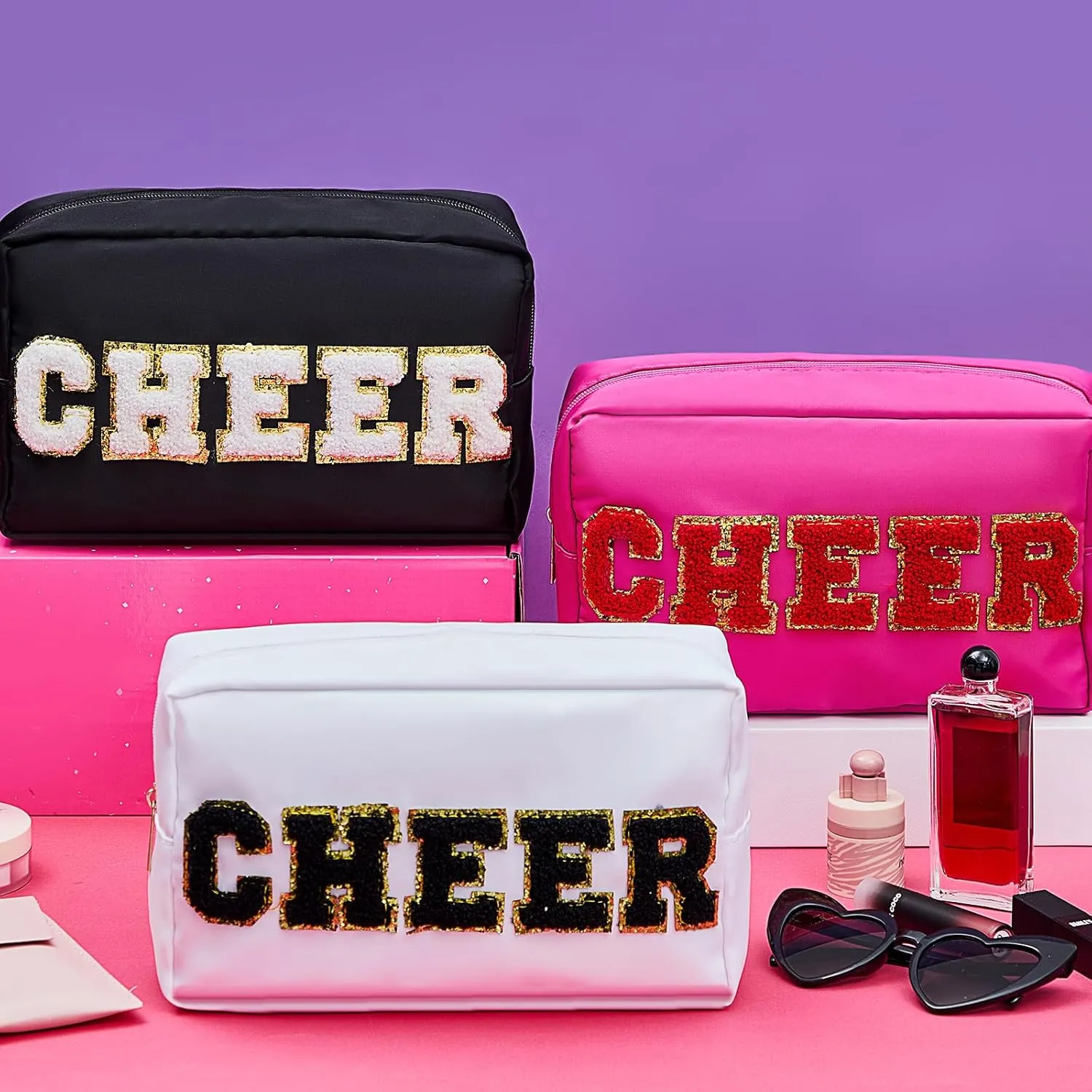 6 Pcs Cosmetic Cheer Bag with Chenille Letter Patches Nylon Makeup Gift Dance Cheerleader Bag Toiletry Zipper Pouch for Travel Women Girl Storage(Bright Colors,Cheer)