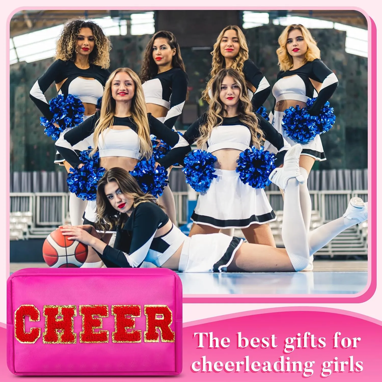 6 Pcs Cosmetic Cheer Bag with Chenille Letter Patches Nylon Makeup Gift Dance Cheerleader Bag Toiletry Zipper Pouch for Travel Women Girl Storage(Bright Colors,Cheer)