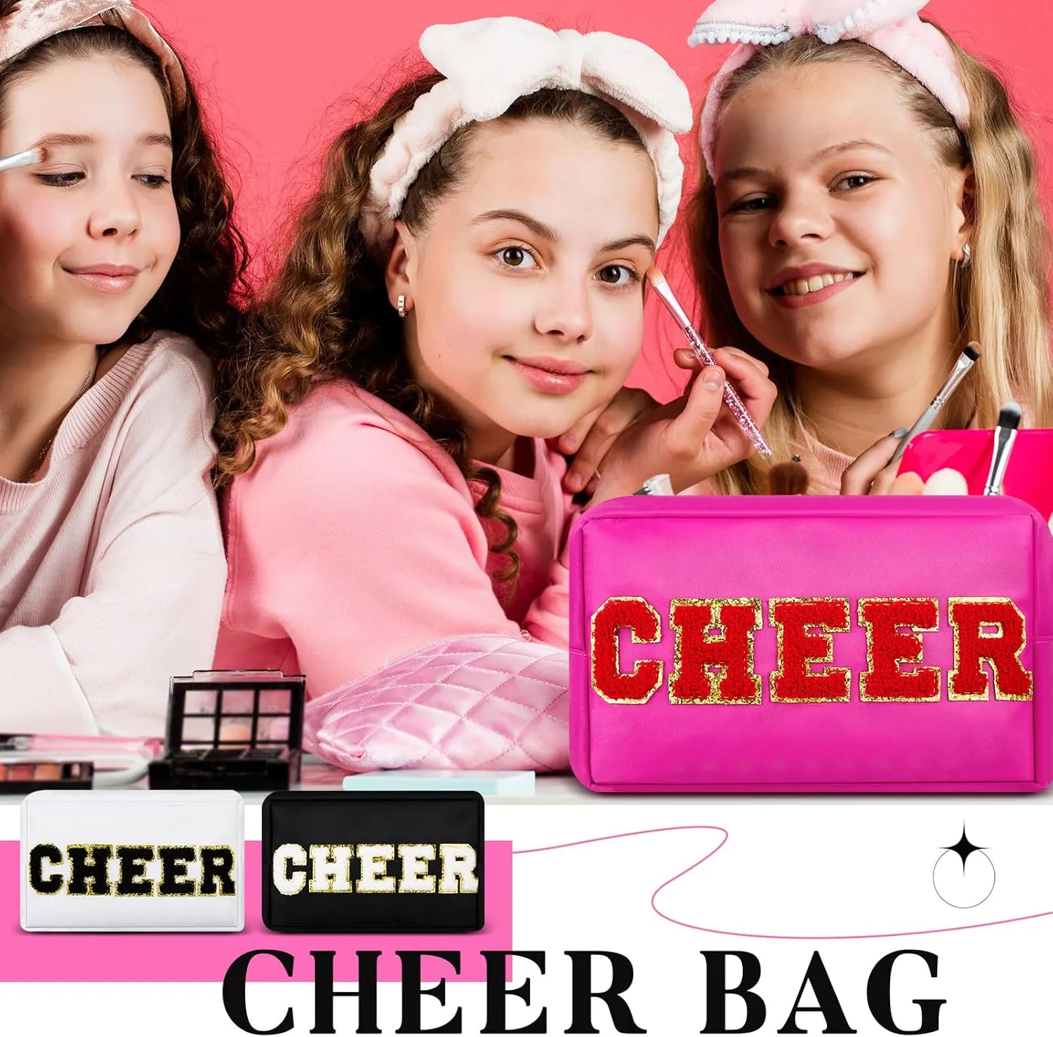 6 Pcs Cosmetic Cheer Bag with Chenille Letter Patches Nylon Makeup Gift Dance Cheerleader Bag Toiletry Zipper Pouch for Travel Women Girl Storage(Bright Colors,Cheer)