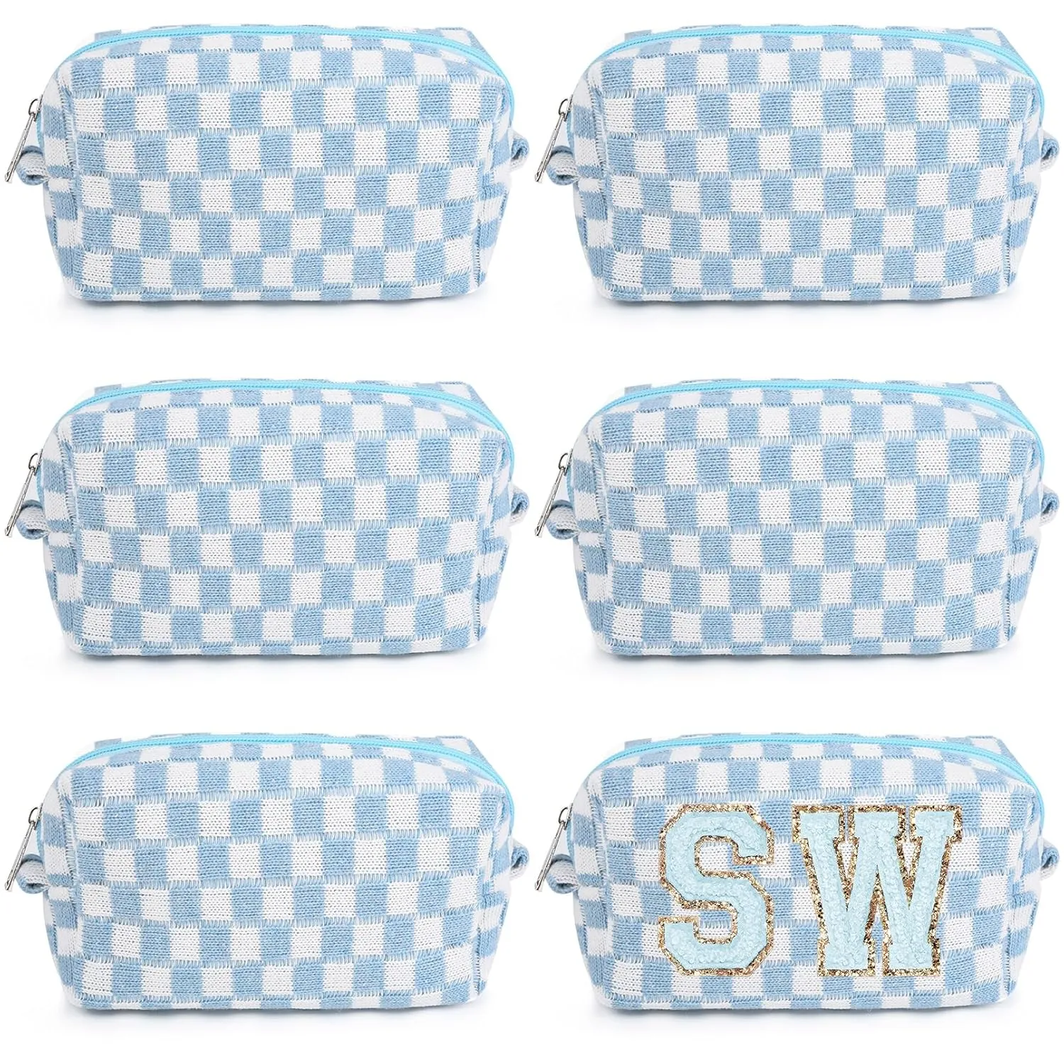 6 Pcs Preppy Makeup Bag Bulk Checkered Cosmetic Bag Light blue Makeup Pouch Personalize Travel Toiletry Bag Organizer Cute DIY Makeup Brushes Storage Bag for Women