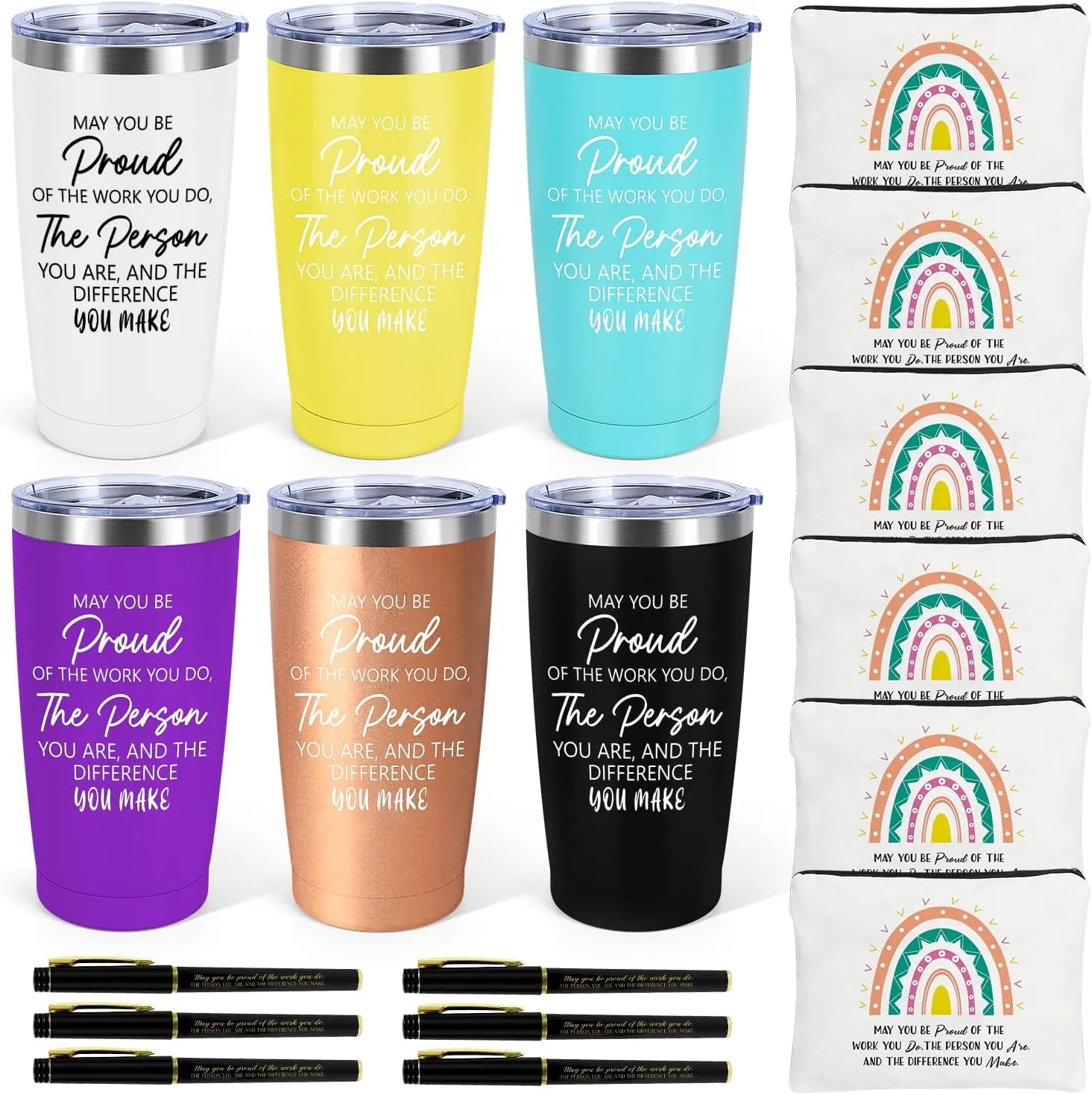 6 Set Employee Appreciation Gifts Bulk, Gift for Coworkers Teachers Nurses, 20 OZ Inspirational Stainless Steel Tumbler Makeup Bags Pen Thank You Gifts For Women Men Team Staffs