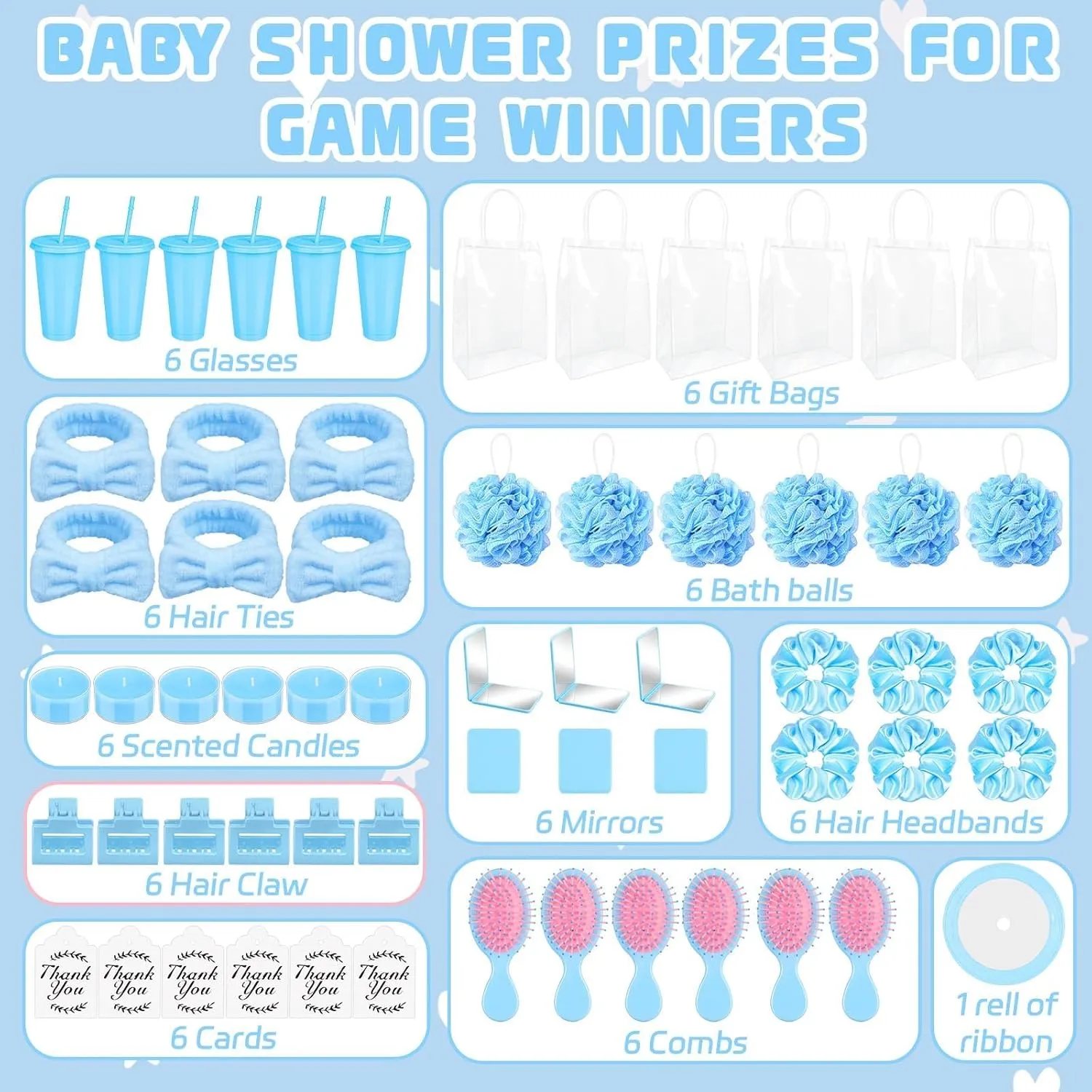 6 Sets Baby Shower Game Prizes for Baby Shower Winners with Cup Comb Makeup Mirror Hair Band Clip Tea Candle Hair Band Bath Ball Label Ribbon Gift Bag for Baby Bridal Shower Favors