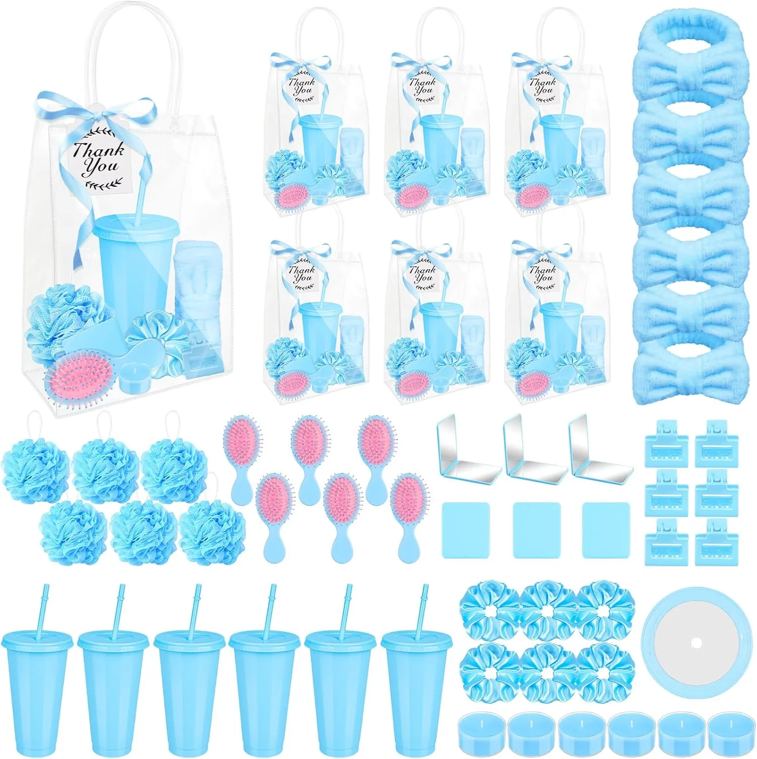 6 Sets Baby Shower Game Prizes for Baby Shower Winners with Cup Comb Makeup Mirror Hair Band Clip Tea Candle Hair Band Bath Ball Label Ribbon Gift Bag for Baby Bridal Shower Favors