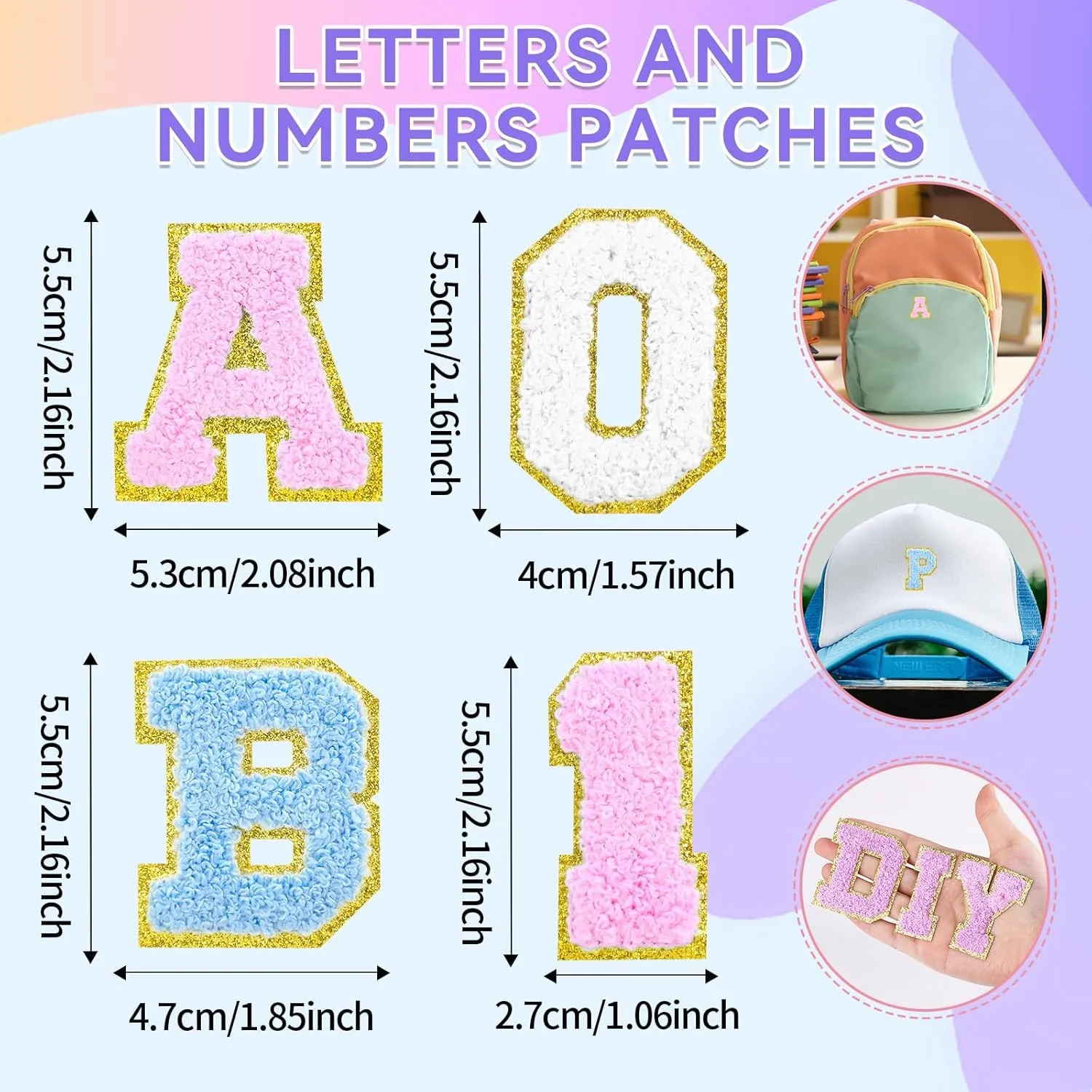 62 Pcs Self Adhesive Chenille Patches Iron on Letters and Numbers Embroidered Patch for Clothes,Hats,Bags,Backpacks,Shoes (4 Color)
