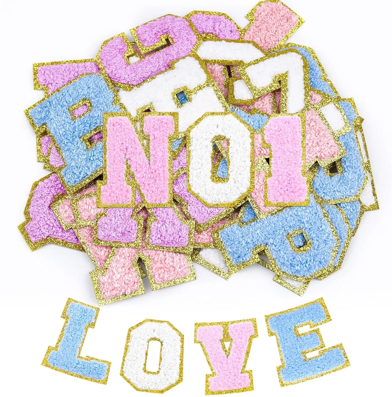 62 Pcs Self Adhesive Chenille Patches Iron on Letters and Numbers Embroidered Patch for Clothes,Hats,Bags,Backpacks,Shoes (4 Color)