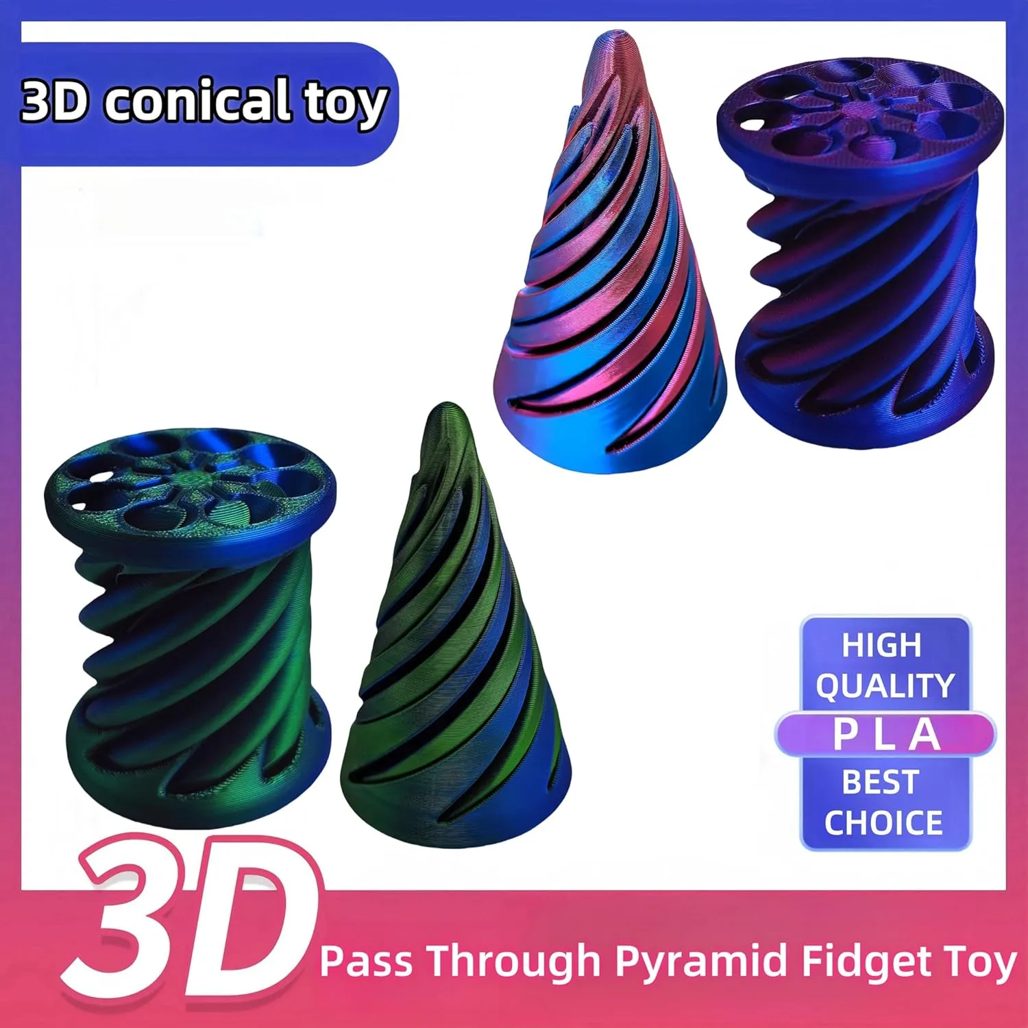 6Pcs Impossible Cone & Spiral Fidget Toy, 3D Printed Spiral Cone & Pyramid Passthrough Sculpture Toy for Adults (Conical   Cylindrical)
