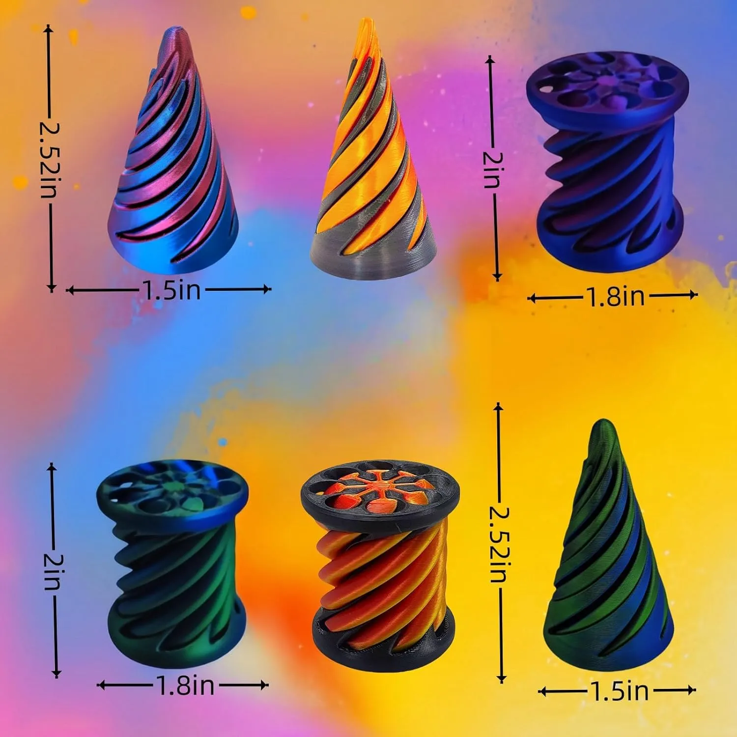 6Pcs Impossible Cone & Spiral Fidget Toy, 3D Printed Spiral Cone & Pyramid Passthrough Sculpture Toy for Adults (Conical   Cylindrical)