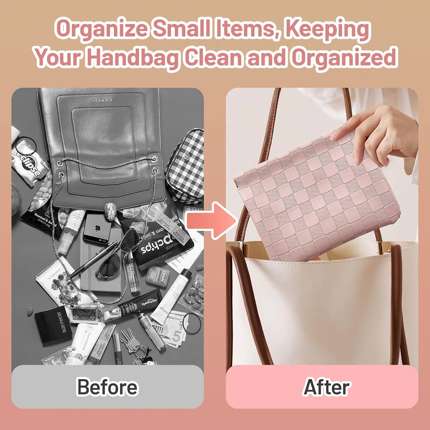 7.09″x5.51″ Small Pouches for Purse, New 4PCS Checkered Magnetic Mini Makeup Bag, Purse Organizers for Inside Large Storages, Organize Cosmetic, Lipstick, Jewelry, Coins in Women's Handbag