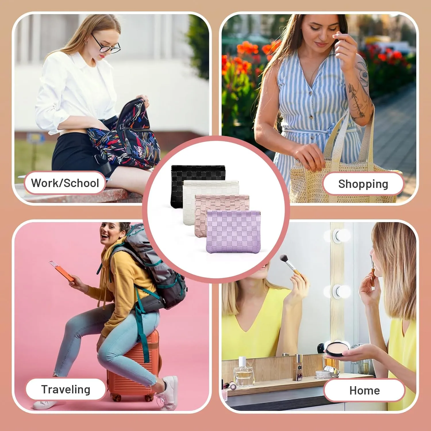 7.09″x5.51″ Small Pouches for Purse, New 4PCS Checkered Magnetic Mini Makeup Bag, Purse Organizers for Inside Large Storages, Organize Cosmetic, Lipstick, Jewelry, Coins in Women's Handbag