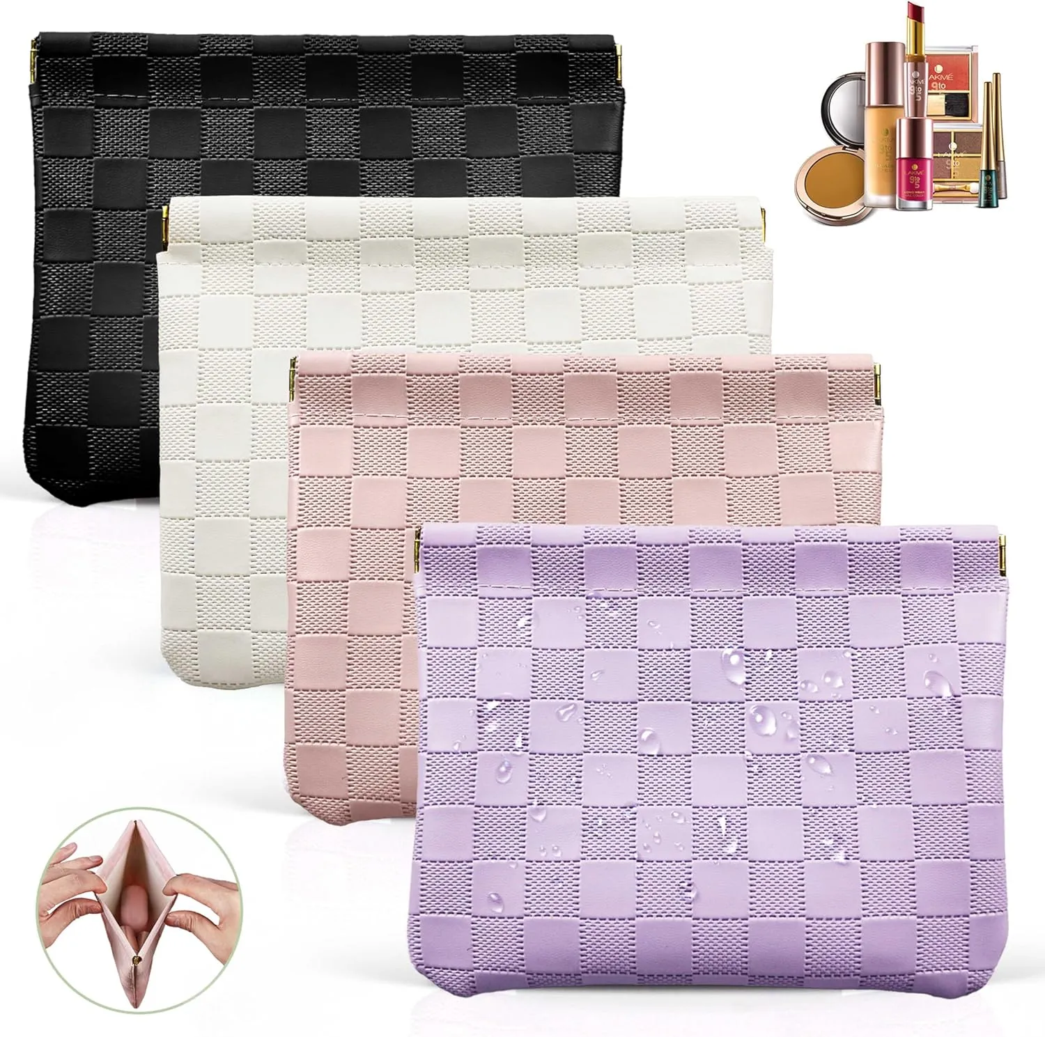 7.09″x5.51″ Small Pouches for Purse, New 4PCS Checkered Magnetic Mini Makeup Bag, Purse Organizers for Inside Large Storages, Organize Cosmetic, Lipstick, Jewelry, Coins in Women's Handbag