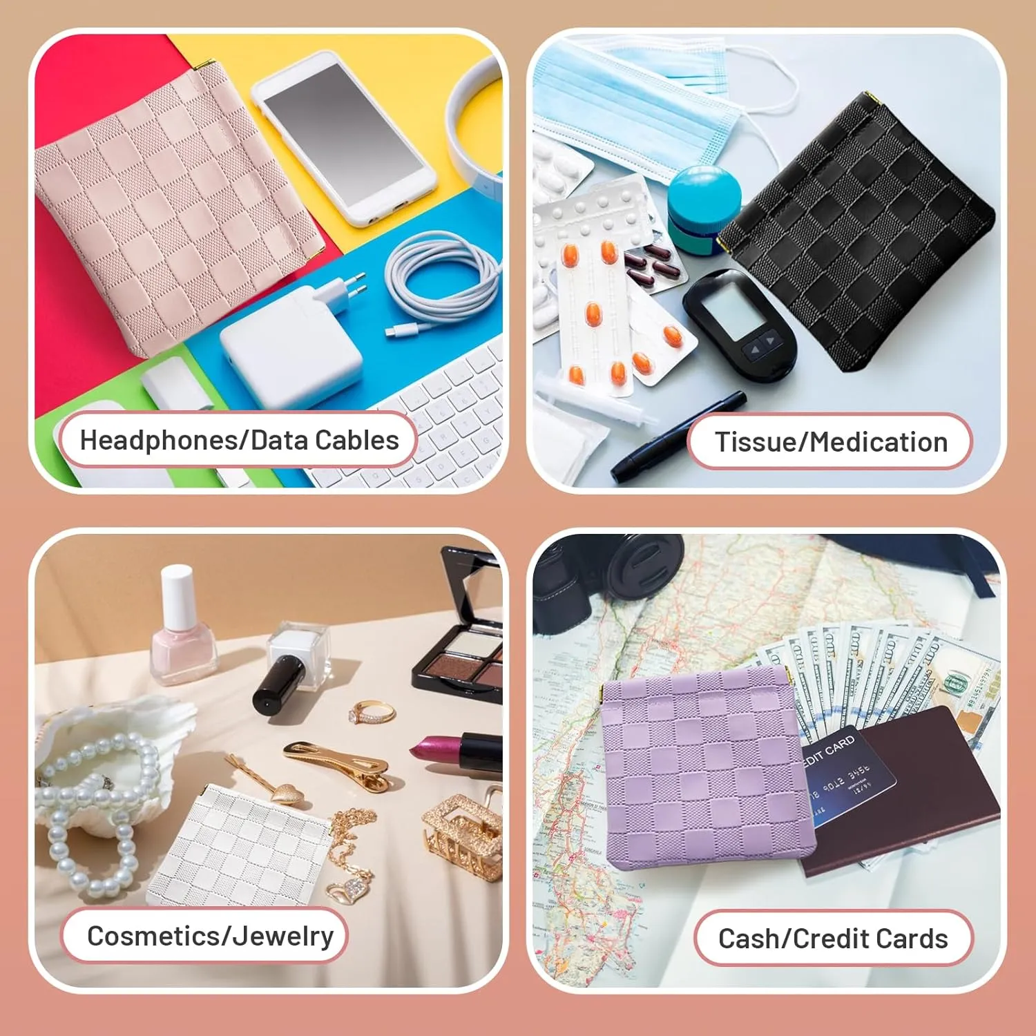 7.09″x5.51″ Small Pouches for Purse, New 4PCS Checkered Magnetic Mini Makeup Bag, Purse Organizers for Inside Large Storages, Organize Cosmetic, Lipstick, Jewelry, Coins in Women's Handbag