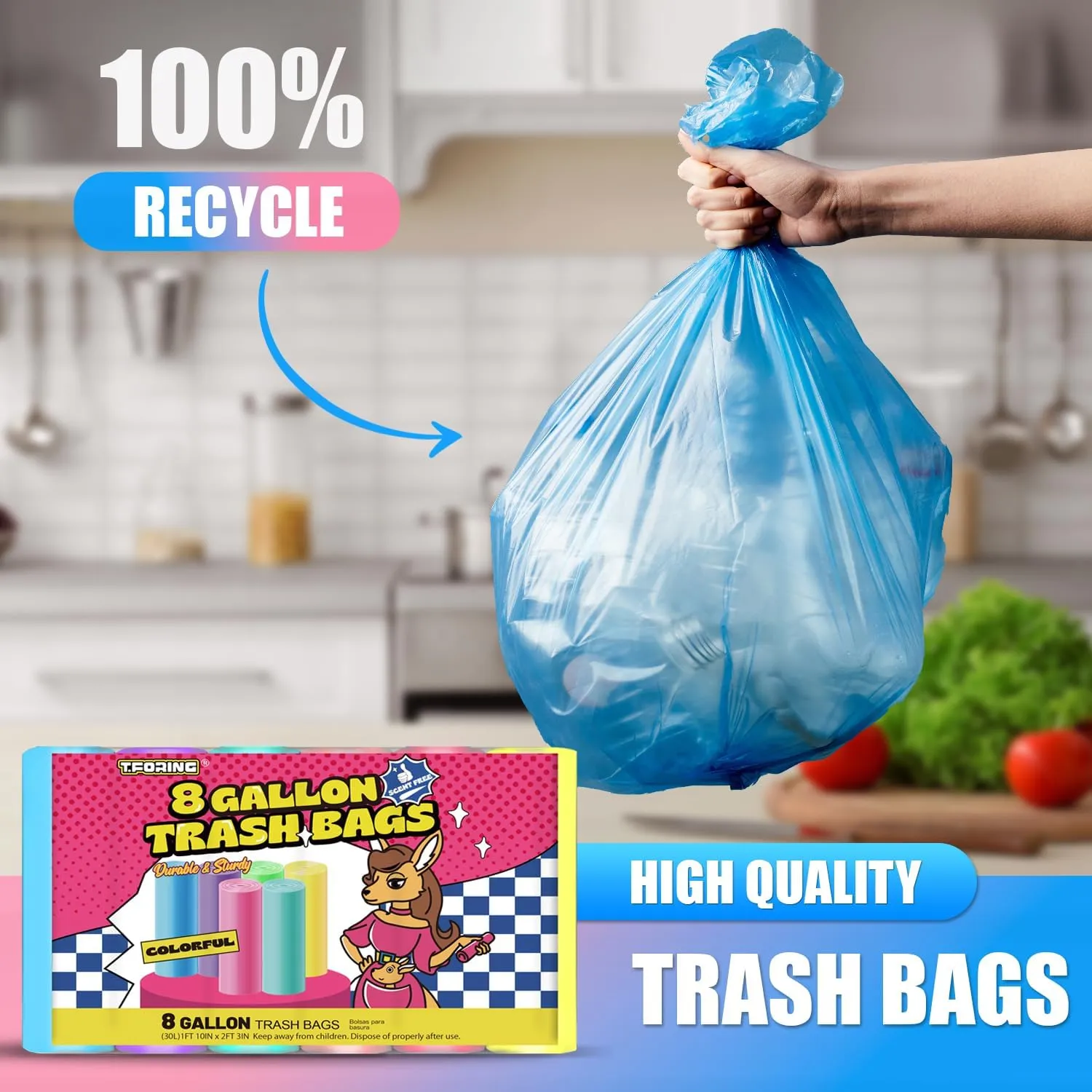 8 Gallon Trash Bags Colored - 150 Count Medium Garbage Bags Unscented, 30 Liter Thick Trash Can Liners, Plastic Wastebasket Liners for Home Kitchen Bathroom