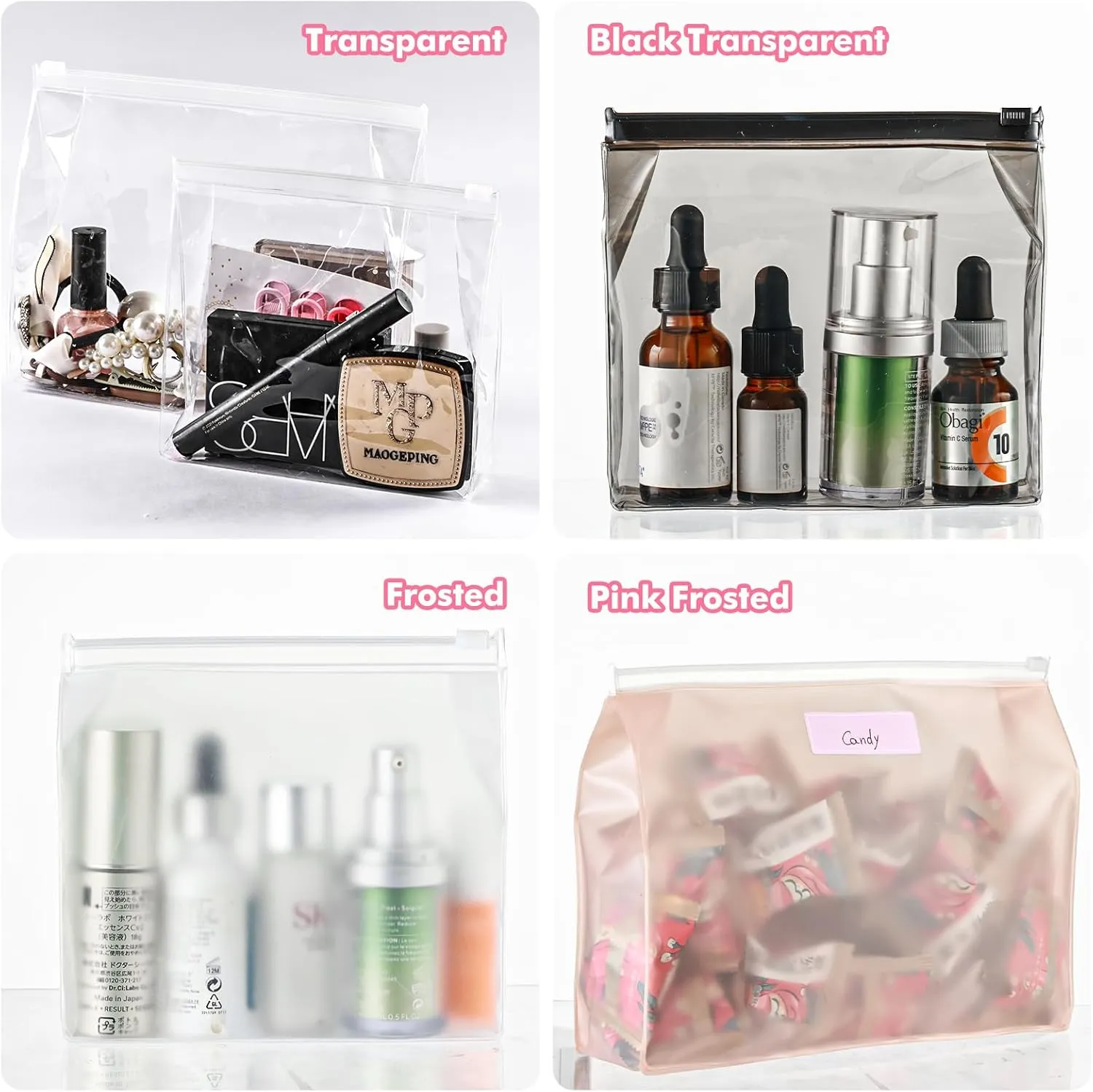 80 Pack Small Pink Clear Makeup Bag Bulk Organizer Cosmetic Zipper Pouch Small Travel Pouches for Toiletries Transparent EVA Reusable Wash Bags Waterproof Plastic Clear Gift Bags, Pink Frosted, 7.9”