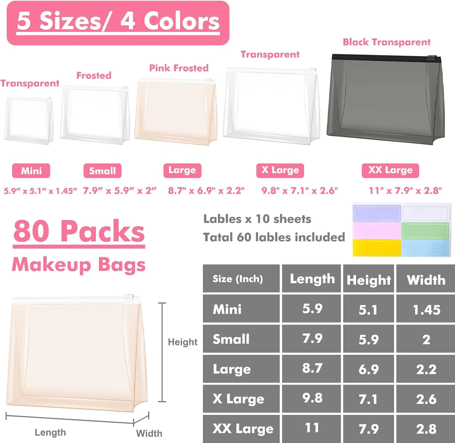 80 Pack Small Pink Clear Makeup Bag Bulk Organizer Cosmetic Zipper Pouch Small Travel Pouches for Toiletries Transparent EVA Reusable Wash Bags Waterproof Plastic Clear Gift Bags, Pink Frosted, 7.9”