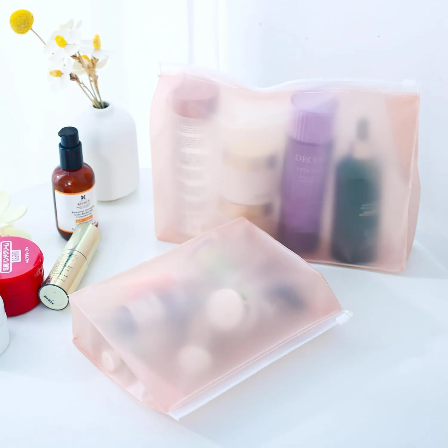 80 Pack Small Pink Clear Makeup Bag Bulk Organizer Cosmetic Zipper Pouch Small Travel Pouches for Toiletries Transparent EVA Reusable Wash Bags Waterproof Plastic Clear Gift Bags, Pink Frosted, 7.9”