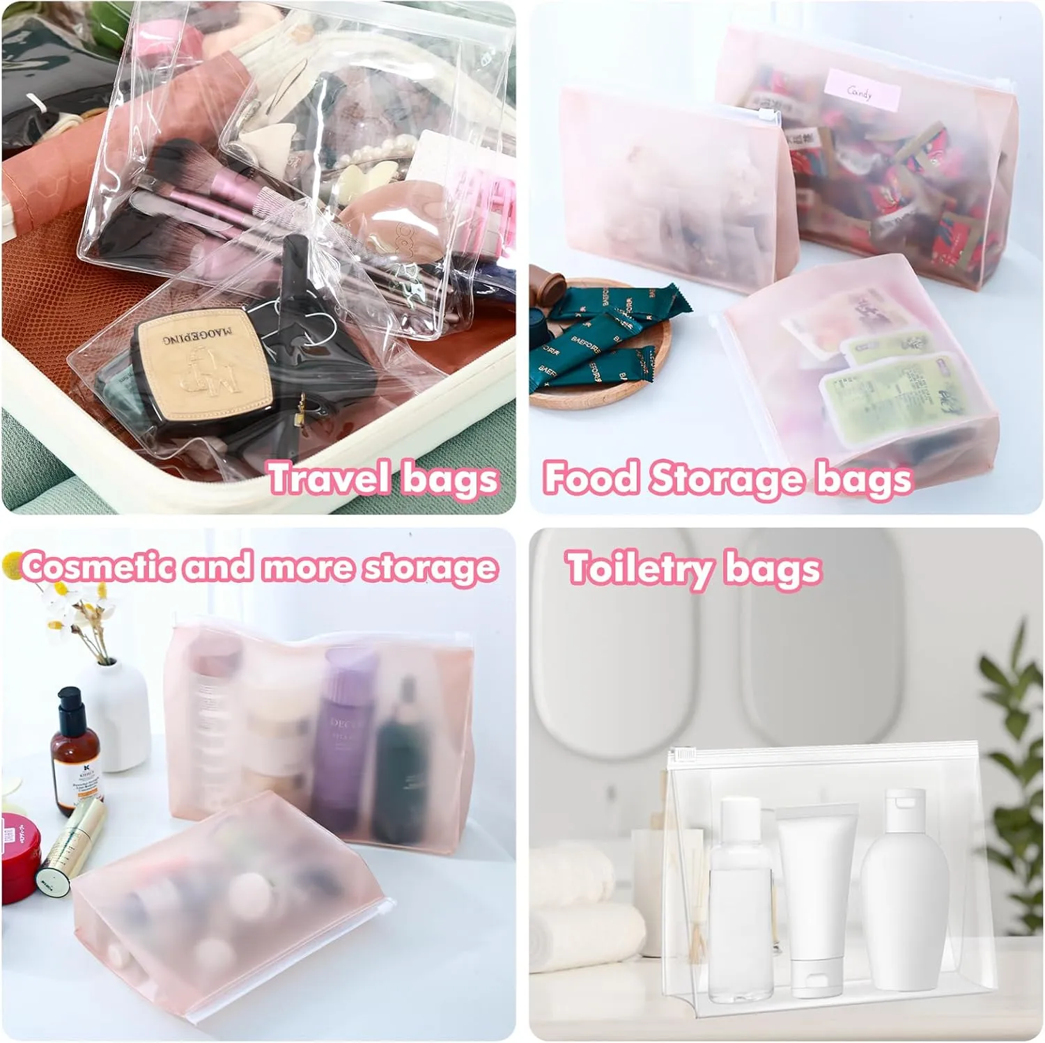 80 Pack Small Pink Clear Makeup Bag Bulk Organizer Cosmetic Zipper Pouch Small Travel Pouches for Toiletries Transparent EVA Reusable Wash Bags Waterproof Plastic Clear Gift Bags, Pink Frosted, 7.9”