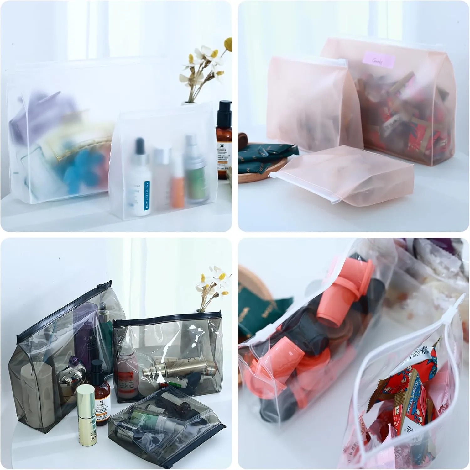 80 Pack Small Pink Clear Makeup Bag Bulk Organizer Cosmetic Zipper Pouch Small Travel Pouches for Toiletries Transparent EVA Reusable Wash Bags Waterproof Plastic Clear Gift Bags, Pink Frosted, 7.9”