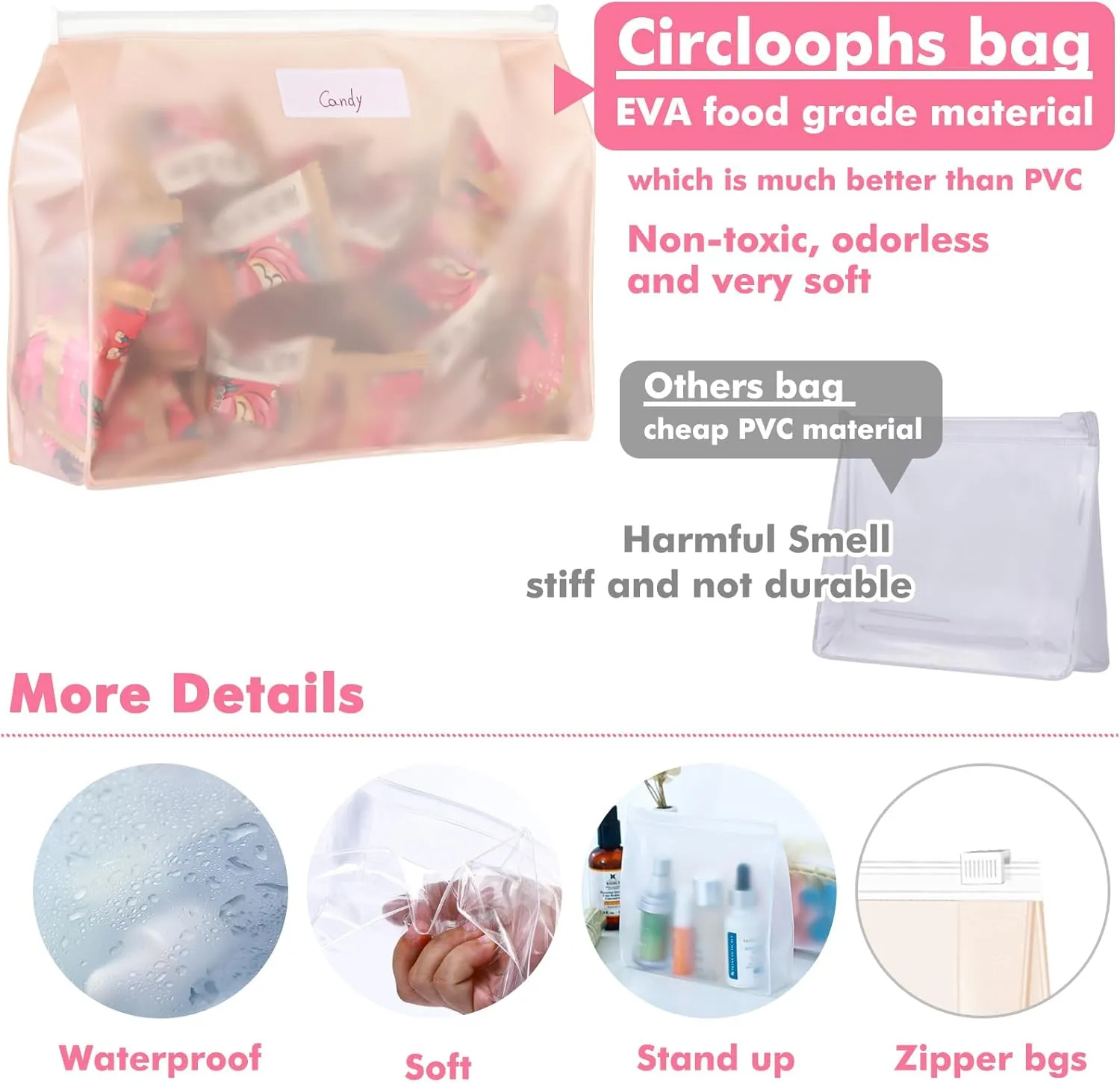 80 Pack Small Pink Clear Makeup Bag Bulk Organizer Cosmetic Zipper Pouch Small Travel Pouches for Toiletries Transparent EVA Reusable Wash Bags Waterproof Plastic Clear Gift Bags, Pink Frosted, 7.9”