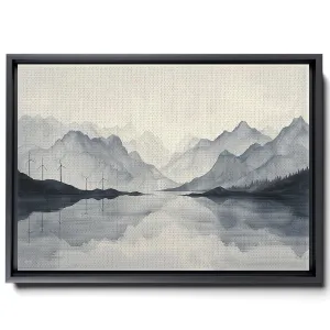 A Black And White Of Mountains, Windmills And Trees, In A Dark Beige And Dark Amber Style, Atmospheric Watercolor, Magenta Land, Panorama, Decor Canvas