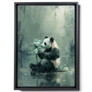 A Panda Holding Flowers And Sitting On A Puddle, In Soft Watercolor Style, Light Gray And Light Emerald, Forest Core, Animal Depiction, Canvas