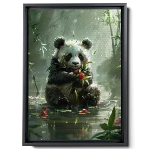 A Panda Holding Flowers And Sitting On A Puddle, In Soft Watercolor Style, Light Gray And Light Emerald, Forest Core, Animal Depiction, Canvas