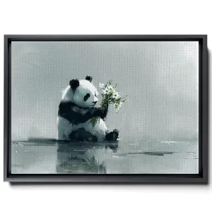 A Panda Holding Flowers And Sitting On A Puddle, In Soft Watercolor Style, Light Gray And Light Emerald, Forest Core, Animal Depiction, Decor Canvas