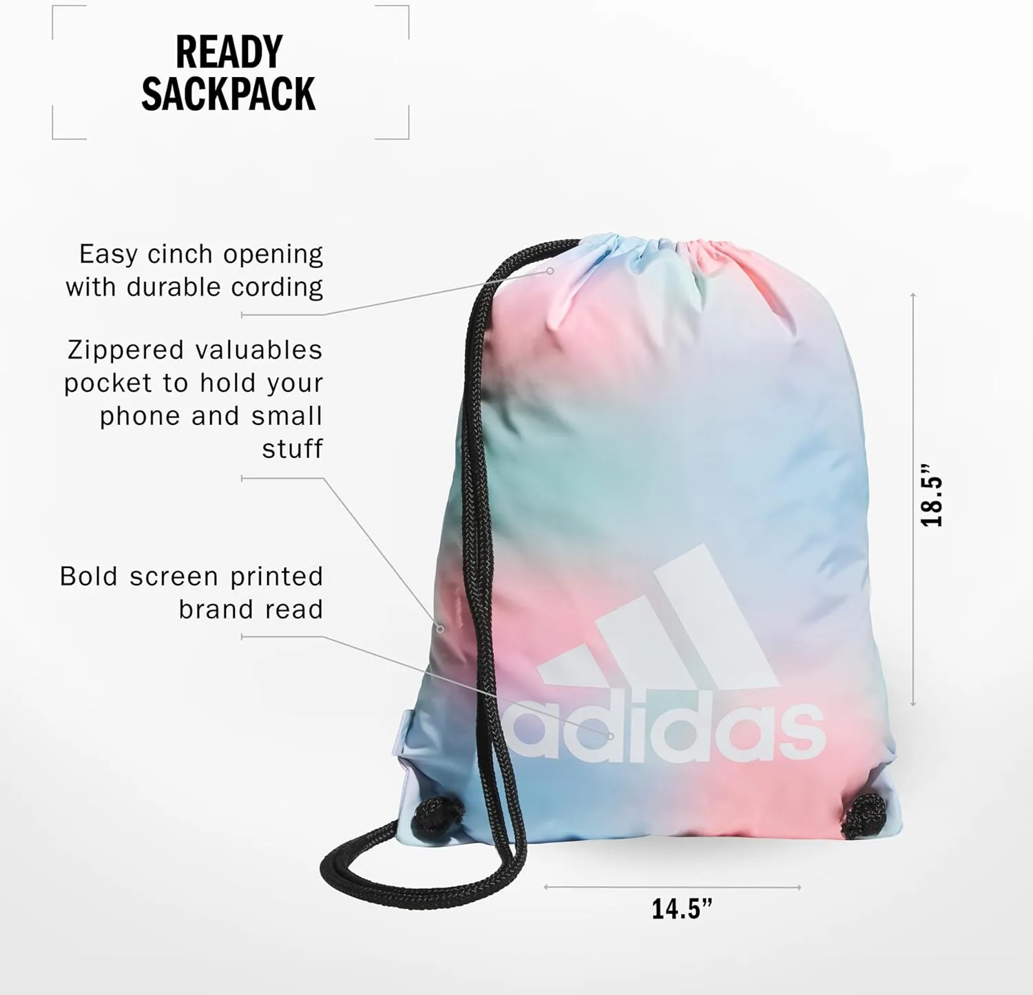 adidas Ready Sackpack, Drawstring Backpack for Women and Men, Lightweight Small Gym Bag, Dazed Gradient Clear Sky/White, One Size