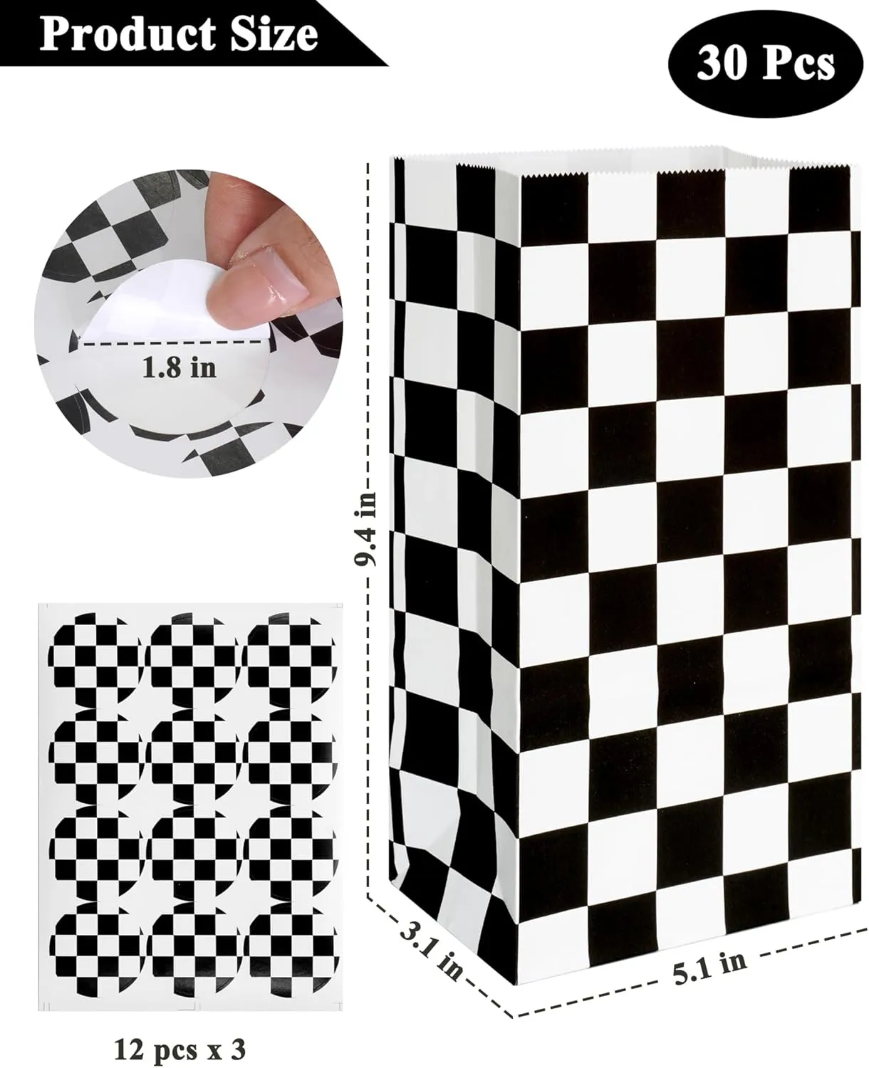 ADIDO EVA Checkered Racing Treat Bags Black and White Checkered Gift Bags with Sticker Race Car Party Favor Bags 30Pcs(5.1x3.1x9.4 In)