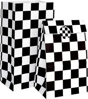 ADIDO EVA Checkered Racing Treat Bags Black and White Checkered Gift Bags with Sticker Race Car Party Favor Bags 30Pcs(5.1x3.1x9.4 In)