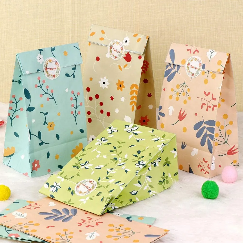 AerWo 48PCS Floral Gift Bags, Cute Flower Pattern Goodie Bags for Kids Birthdays, Party Favor Bags Bulk with Thank-You Stickers for Bridal Shower, Birthday, Wedding Favor Bags, Medium Size